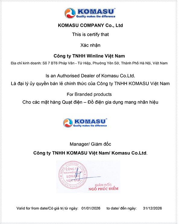 Giấy chứng nhận đại lý ủy quyền của KOMASU cho công ty TNHH Winline Việt Nam