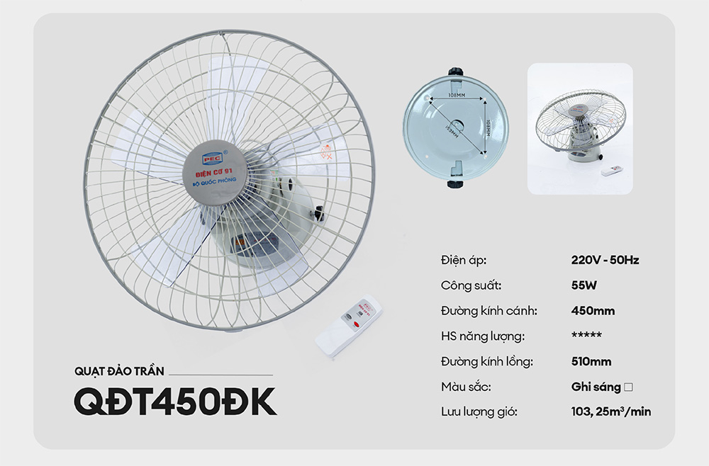 Quạt đảo trần điện cơ 91 QĐT-450ĐK, 58w, Size 45cm, điều khiển từ xa