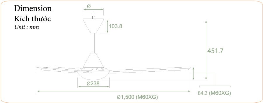 quạt trần KDK M60XG kích thước