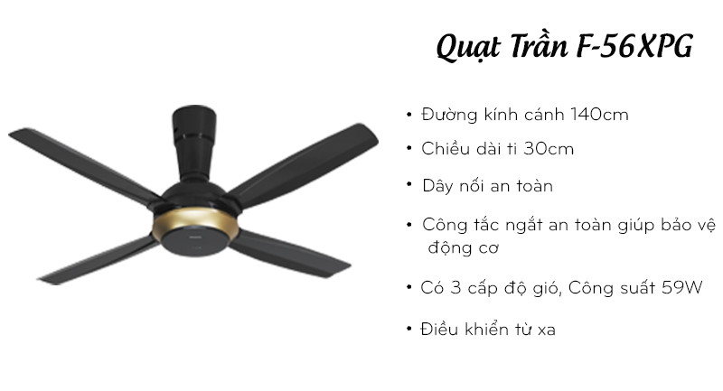 Quạt trần Panasonic 4 cánh F-56XPG được trang bị nhiều tính năng hiện đại