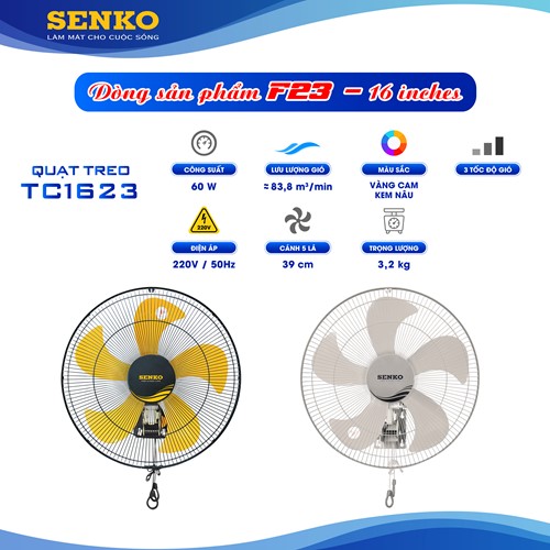 Quạt treo tường Senko TC1623, Sải cánh 39cm, 2 dây kéo