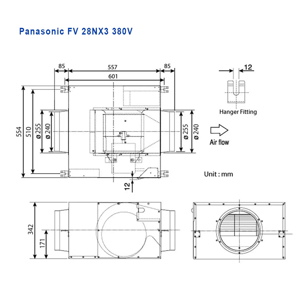 Quạt thông gió nối ống cabinet Panasonic FV-28NX3, 600W, 380V