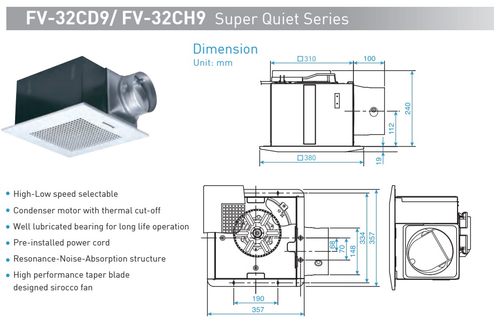 Quạt hút âm trần Panasonic FV-32CH9, 350x350, 25-30m2