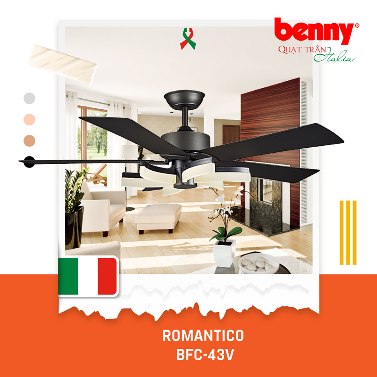 Quạt Trần Benny Romantico BF-C43V, Black/Cafe, LED, Remote, 26W, 5 Cánh