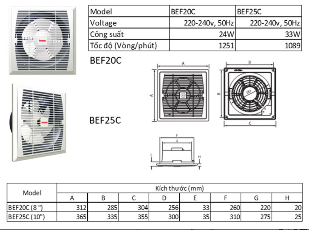 Quạt hút âm trần Benny BEF25C, Malaysia, (30-38m2)