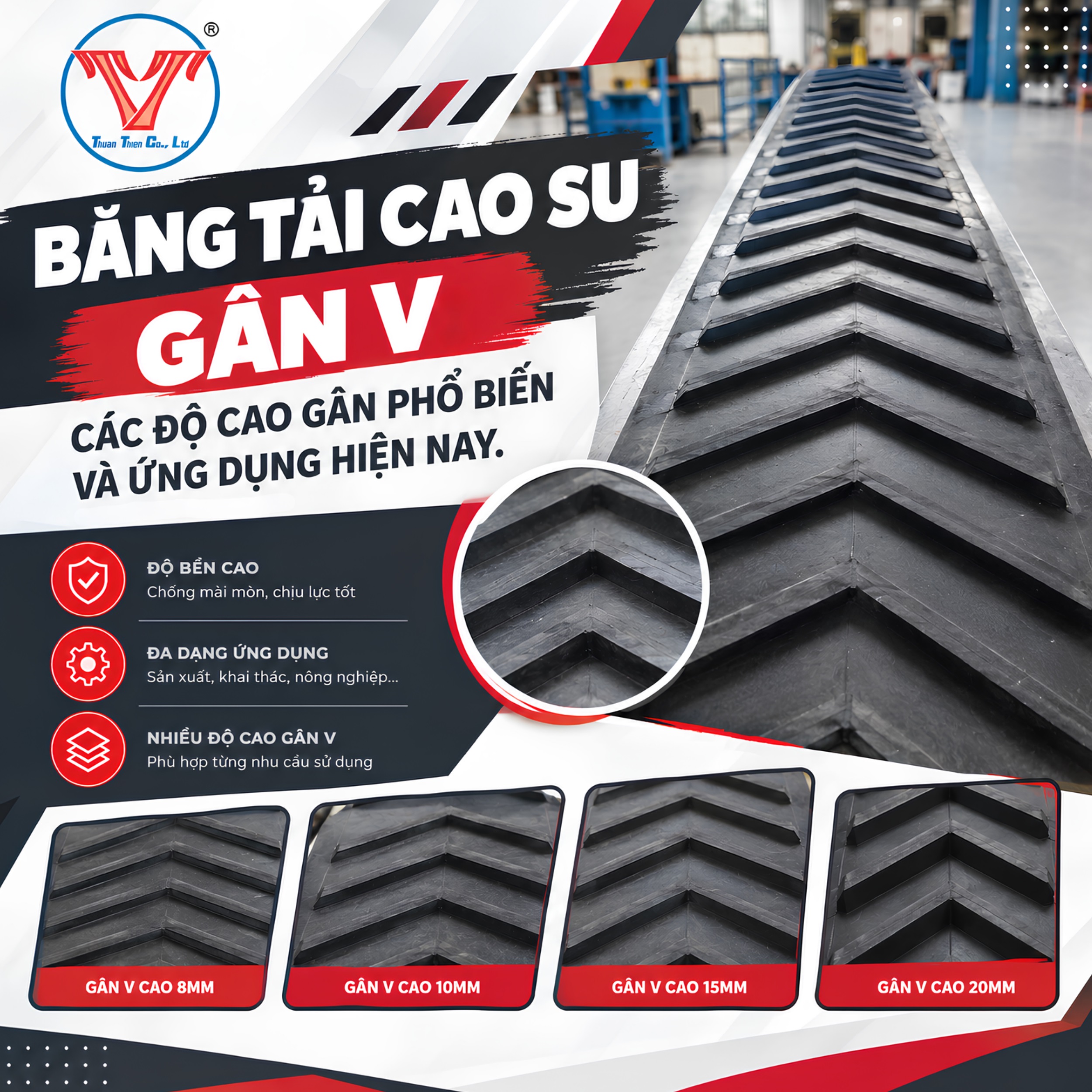 BĂNG TẢI CAO SU GÂN V: CÁC ĐỘ CAO GÂN PHỔ BIẾN VÀ ỨNG DỤNG HIỆN NAY