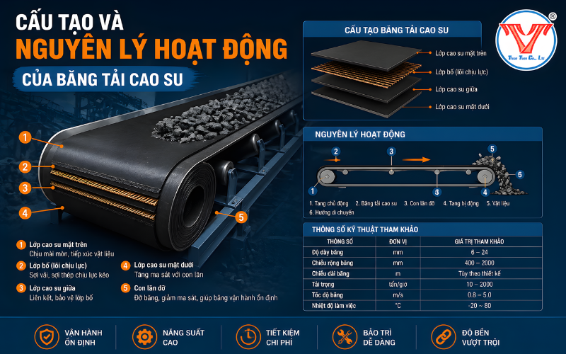 cấu tạo và nguyên lý hoạt động của băng tải cao su