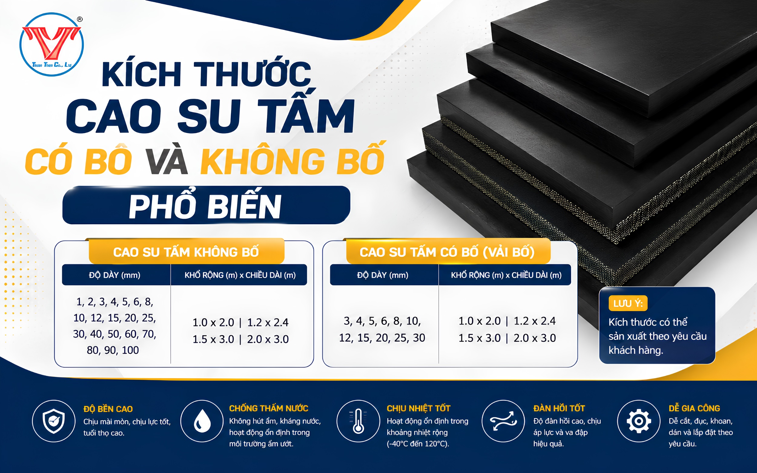 kích thước của cao su có bố và không bố phổ biến