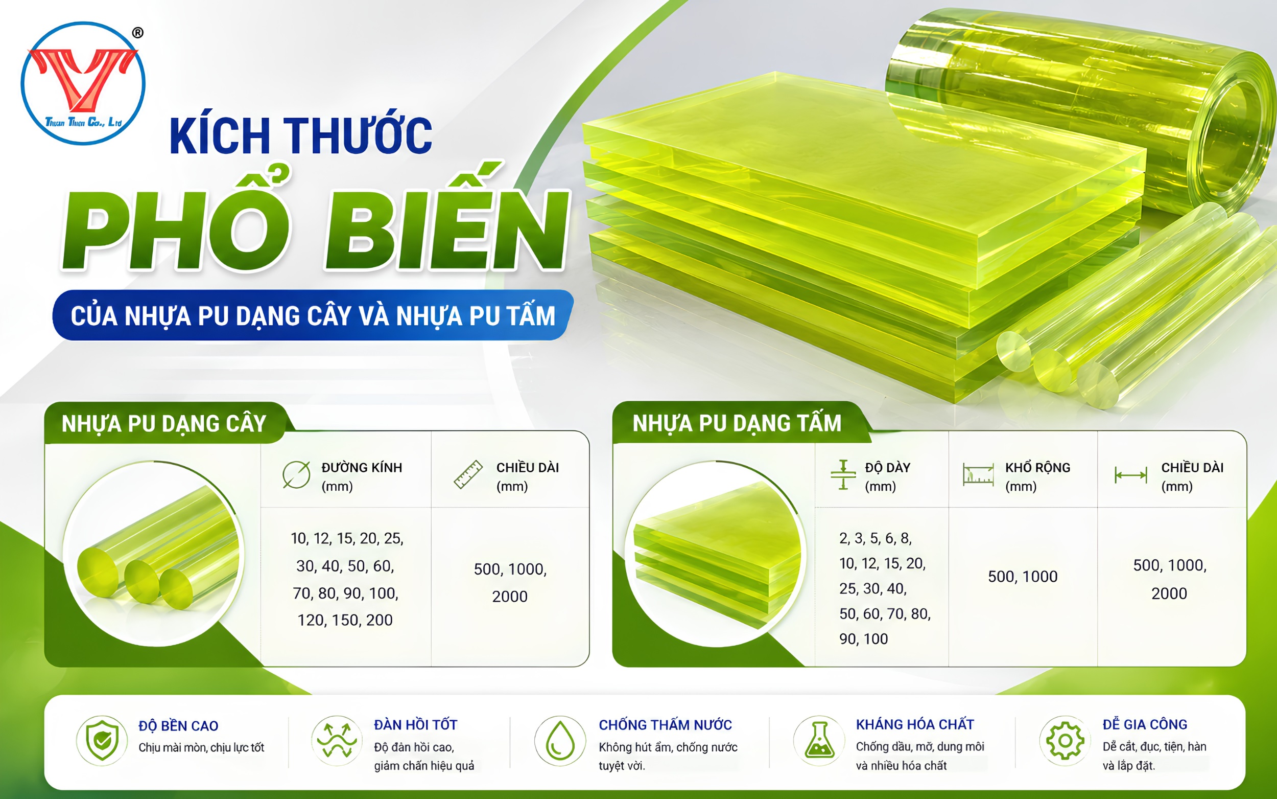 các khổ kích thước của nhựa pu cây và pu tấm