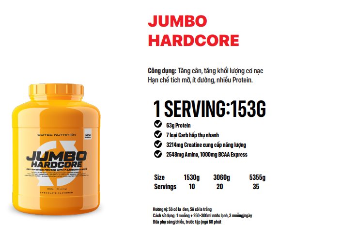Jumbo Hardcore | Mass Gainer tăng cân, tăng cơ 1530g