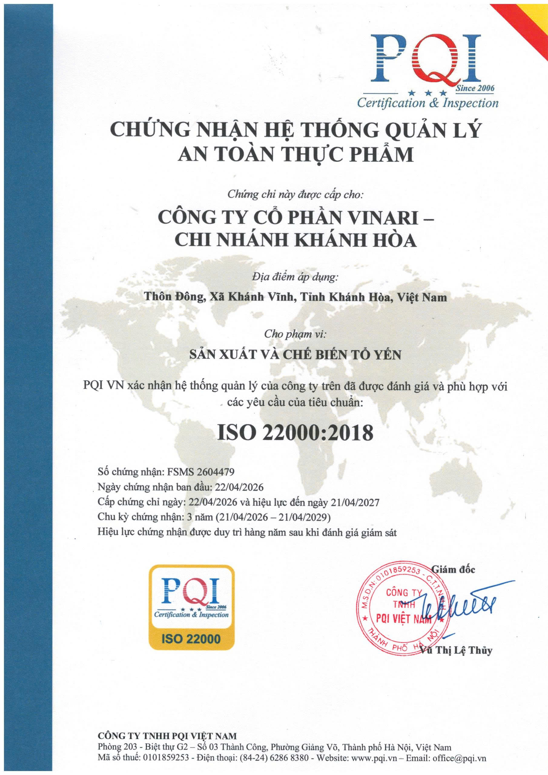 Chứng nhận ISO 22000:2018 của nhà máy VinaRI