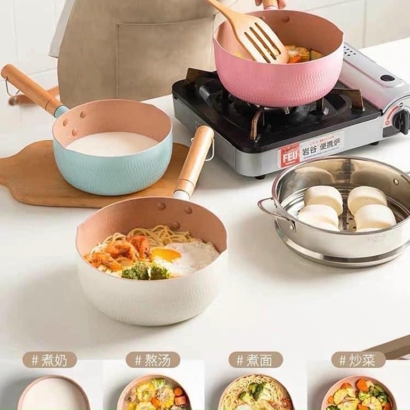 (Cán Tròn)Chảo Vân Đá Xanh Hồng Cán Gỗ 18CM (Thùng 40)