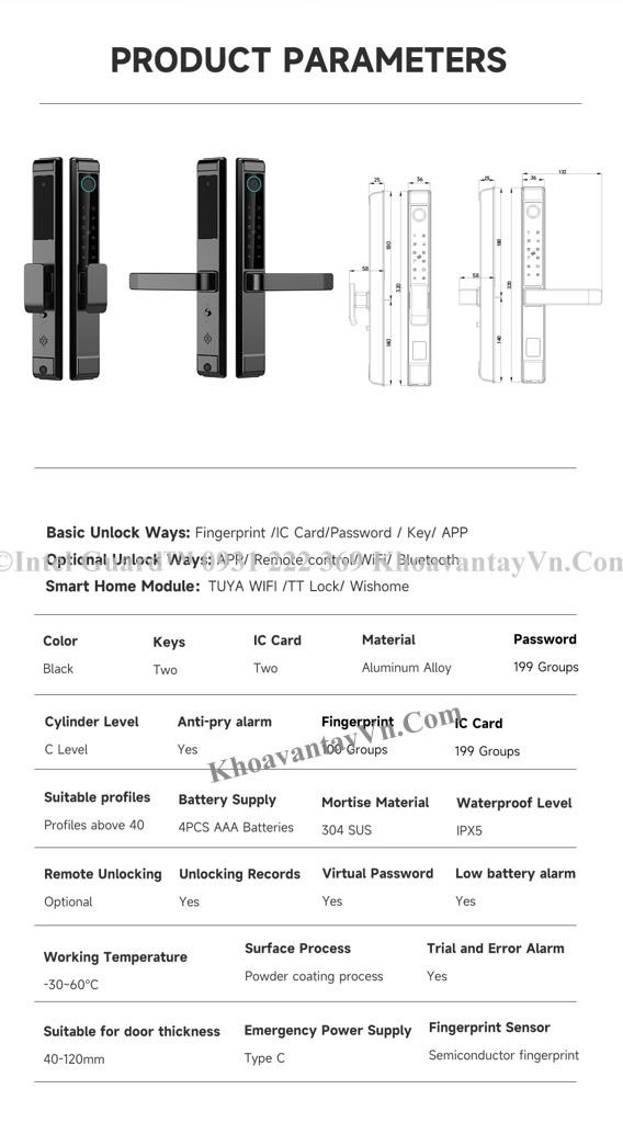 Thông số kĩ thuật mẫu khóa thông minh cửa nhôm kính KCN09
