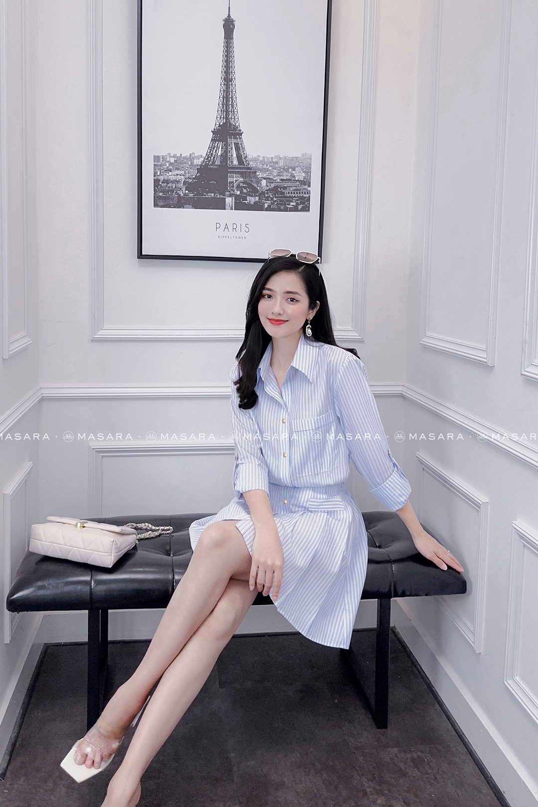 ĐẦM SƠ MI BO EO KẺ XANH NHẠT