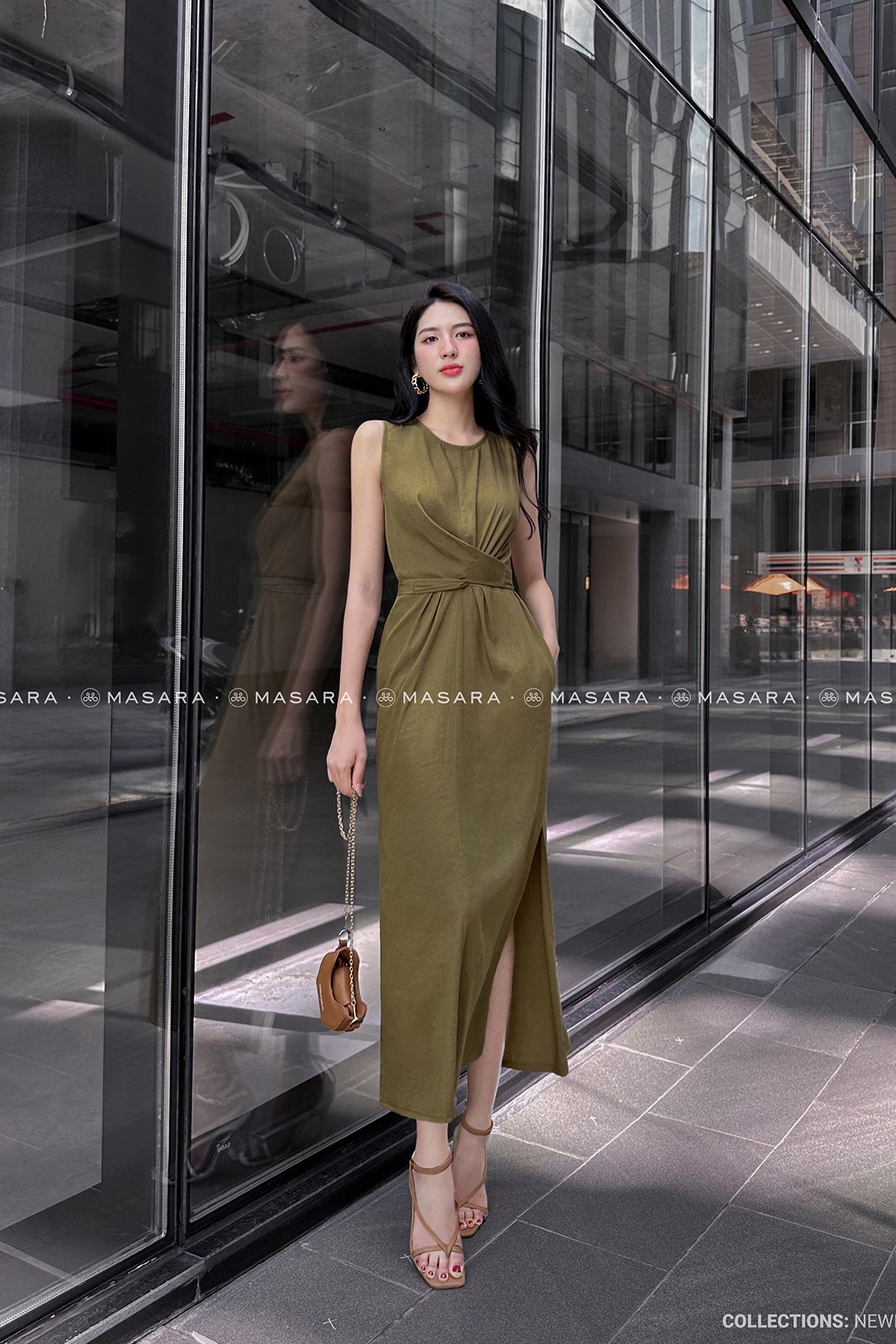 ĐẦM TẰM XƯỚC MỀM THẮT NƠ EO MÀU RÊU