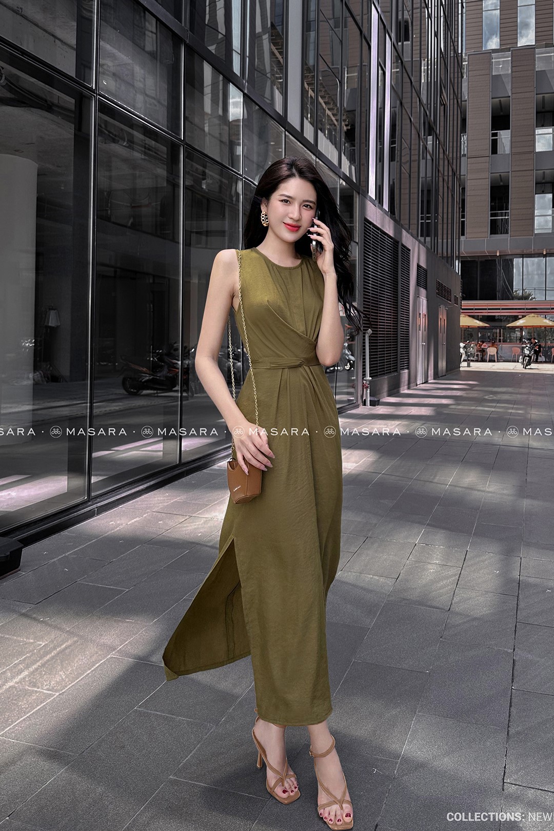 ĐẦM TẰM XƯỚC MỀM THẮT NƠ EO MÀU RÊU