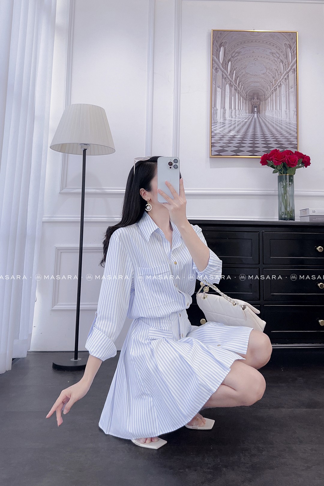 ĐẦM SƠ MI BO EO KẺ XANH NHẠT