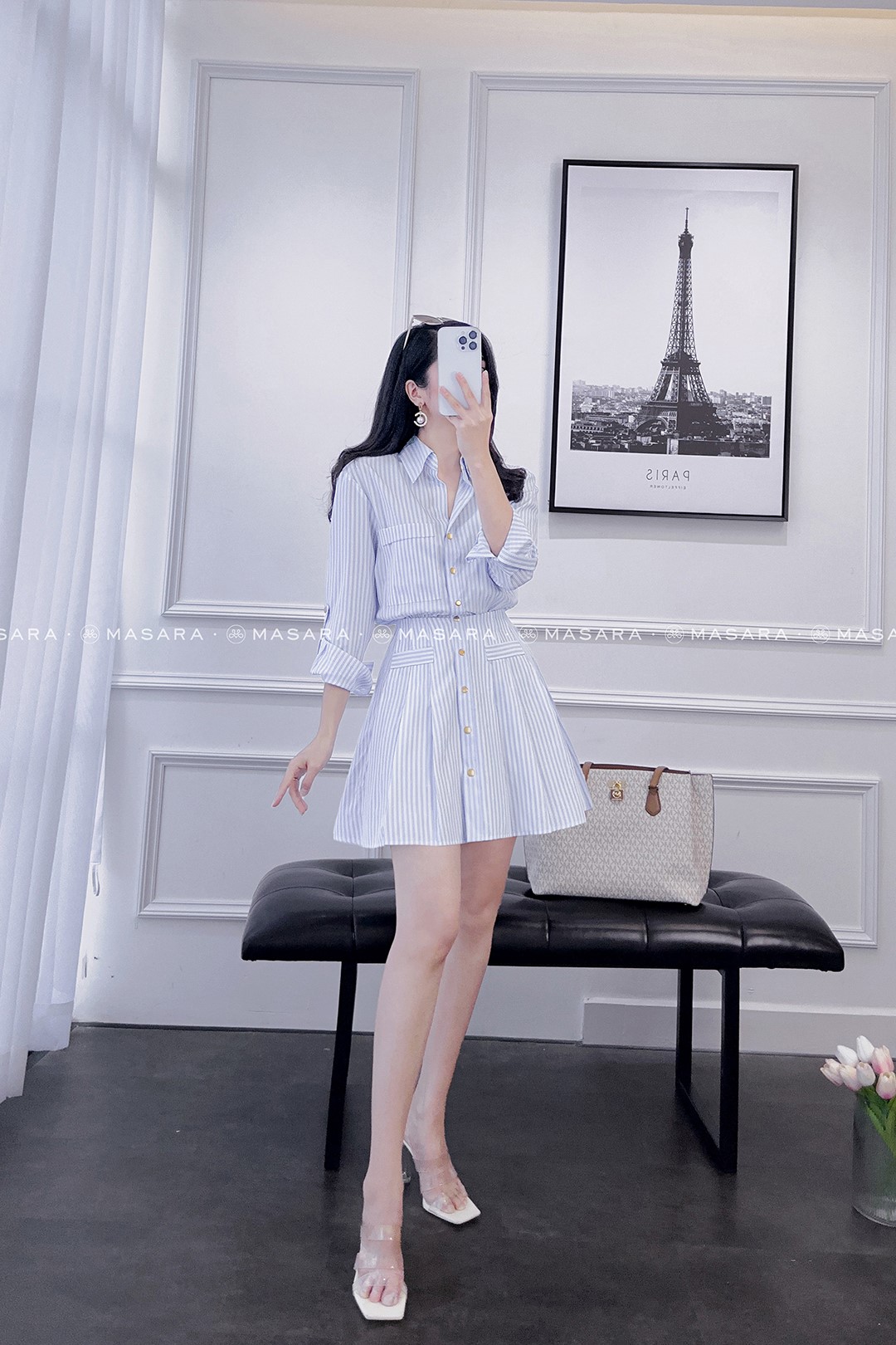 ĐẦM SƠ MI BO EO KẺ XANH NHẠT