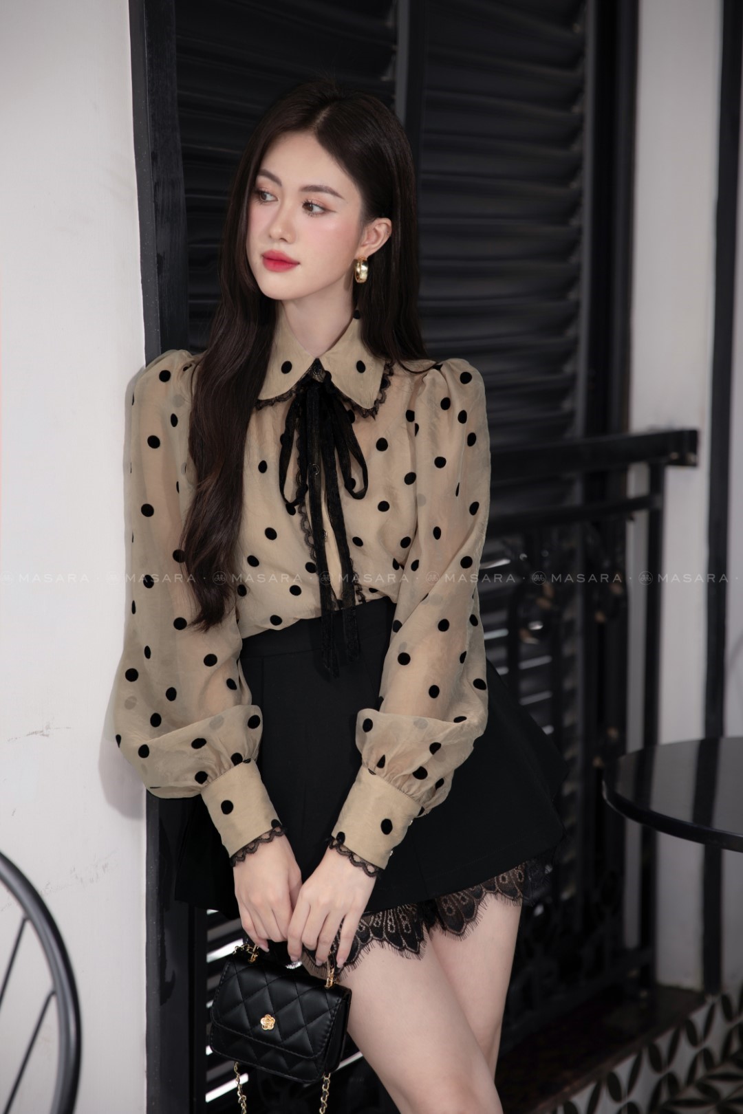 ÁO TƠ NÂU CHẤM BI NHUNG PHỐI REN + ÁO LÓT