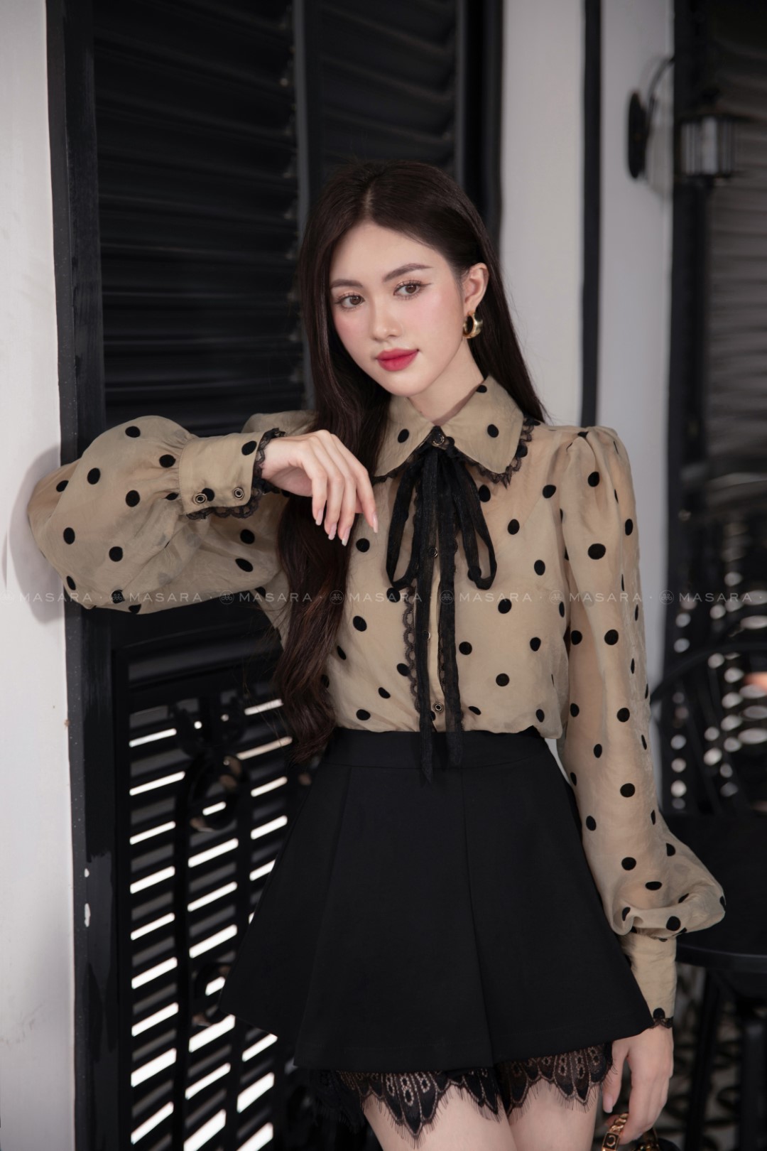 ÁO TƠ NÂU CHẤM BI NHUNG PHỐI REN + ÁO LÓT