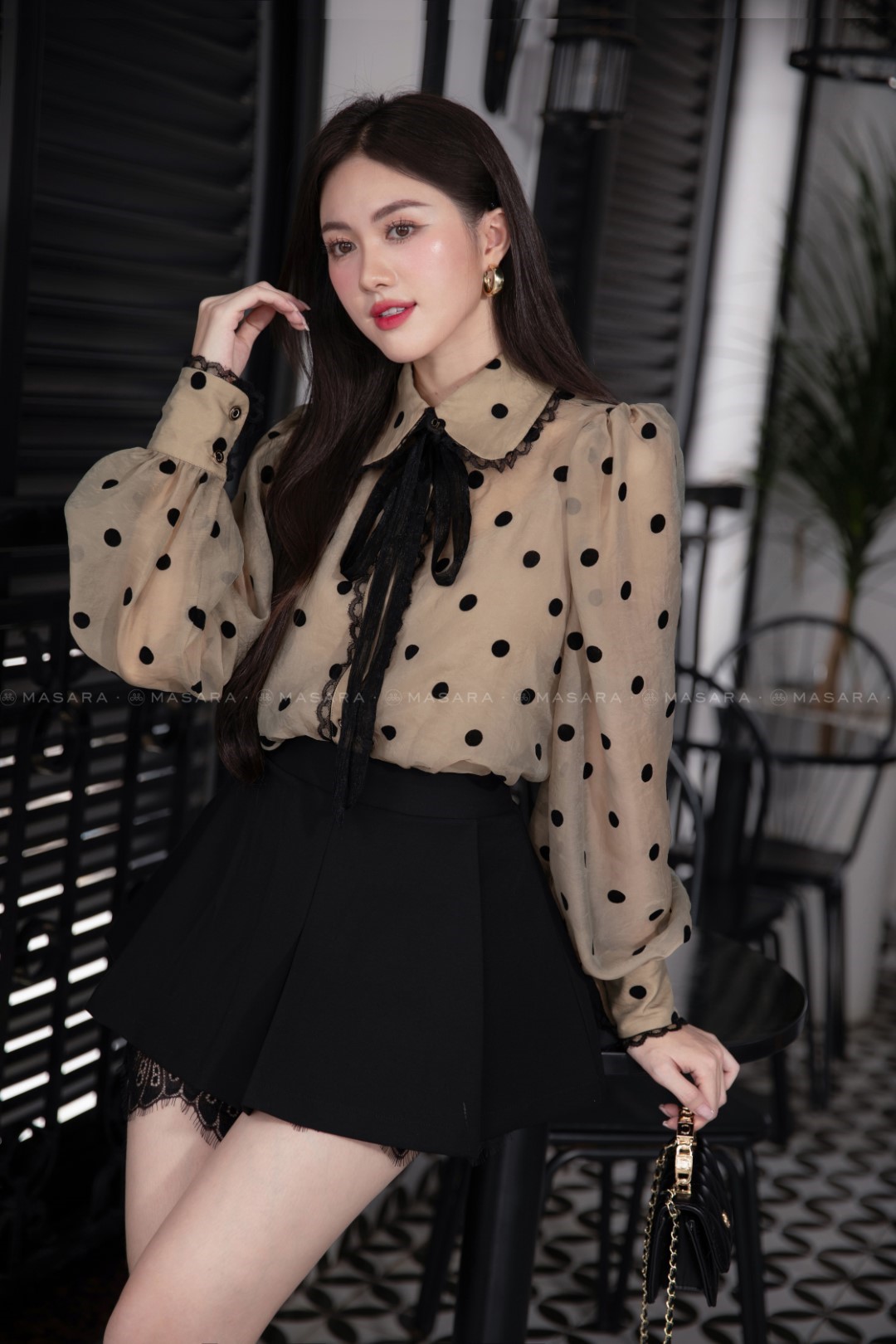 ÁO TƠ NÂU CHẤM BI NHUNG PHỐI REN + ÁO LÓT