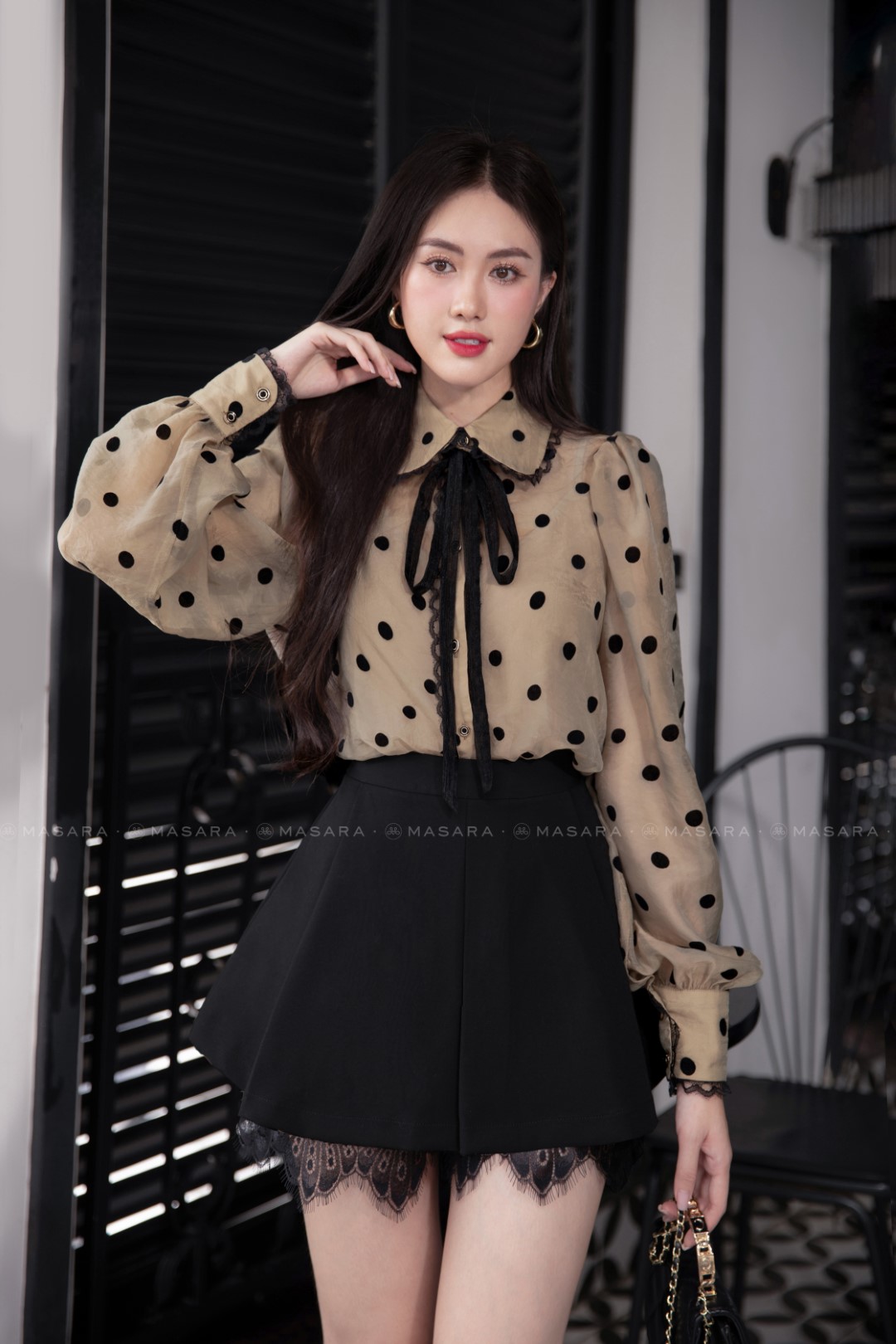ÁO TƠ NÂU CHẤM BI NHUNG PHỐI REN + ÁO LÓT
