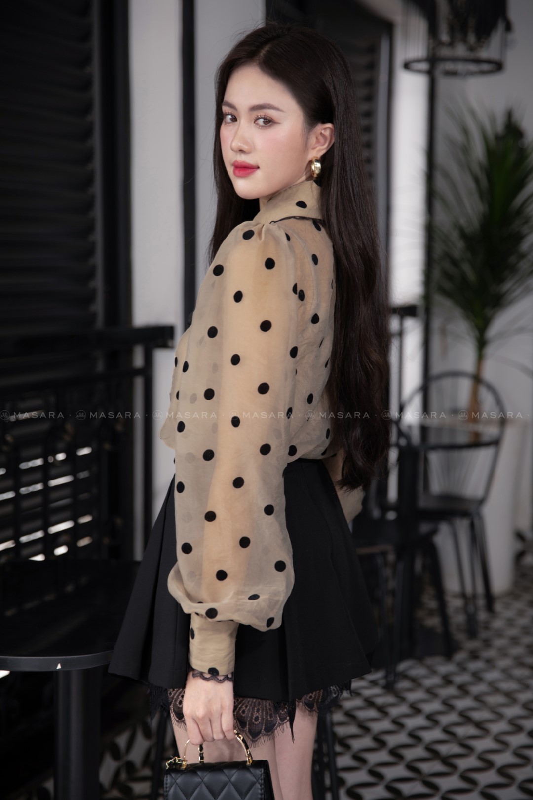 ÁO TƠ NÂU CHẤM BI NHUNG PHỐI REN + ÁO LÓT