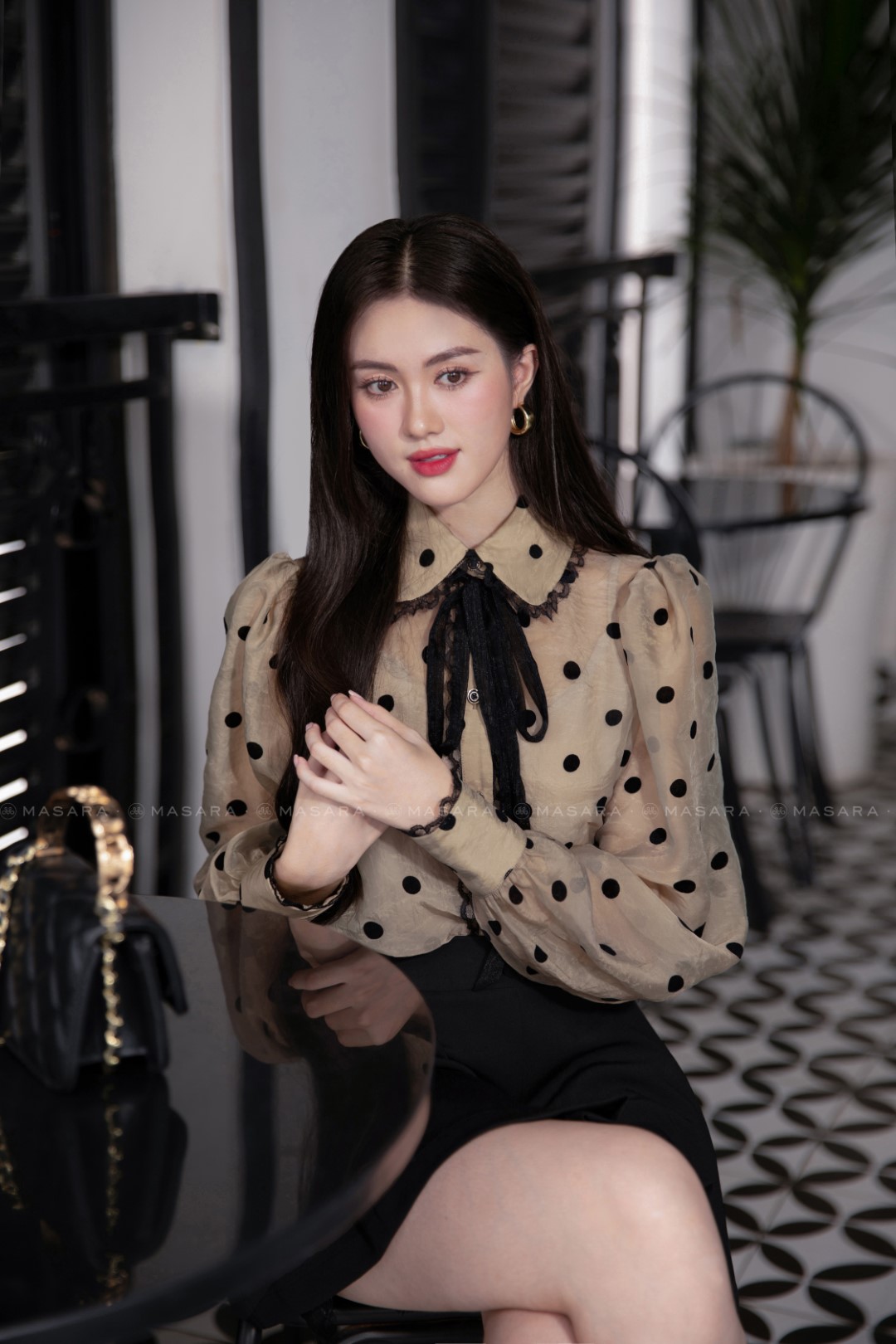 ÁO TƠ NÂU CHẤM BI NHUNG PHỐI REN + ÁO LÓT