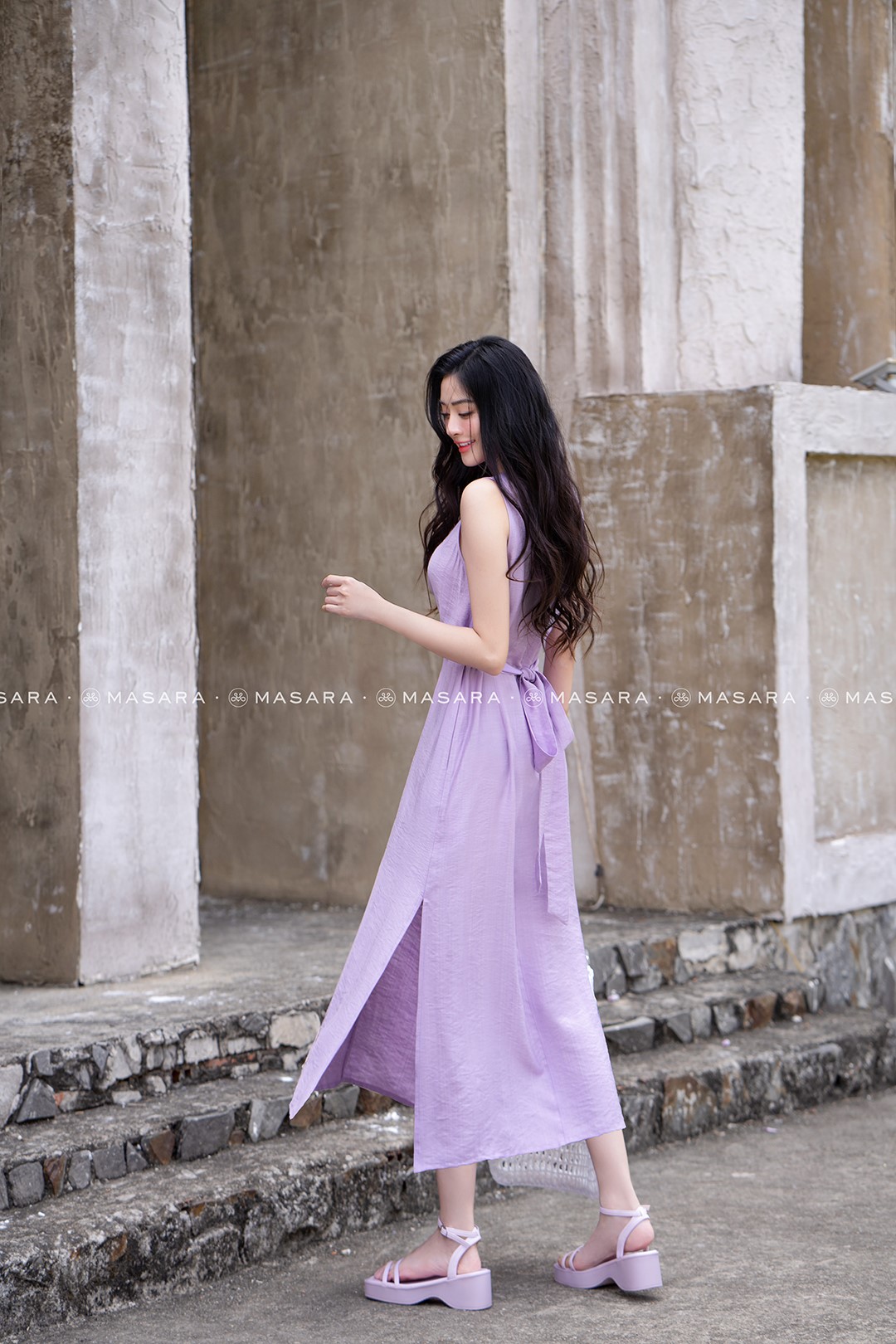 ĐẦM TẰM XƯỚC MỀM THẮT NƠ EO TÍM CÀ