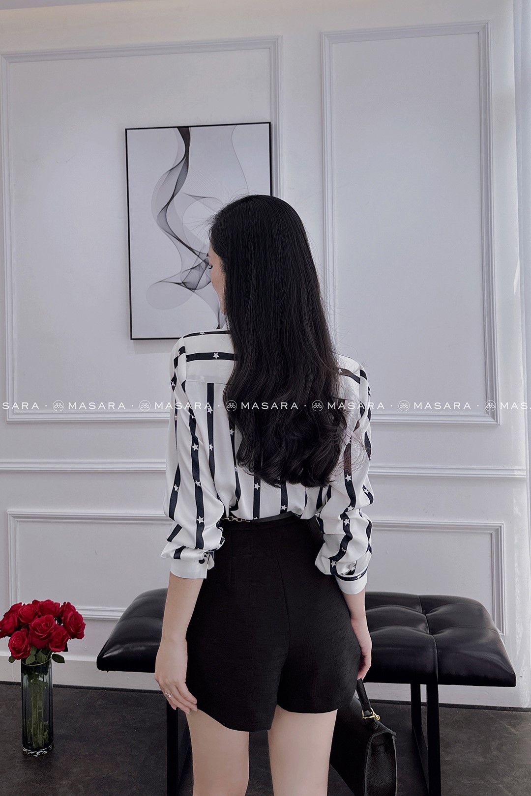 SƠ MI LỤA KẺ NGÔI SAO TRẮNG