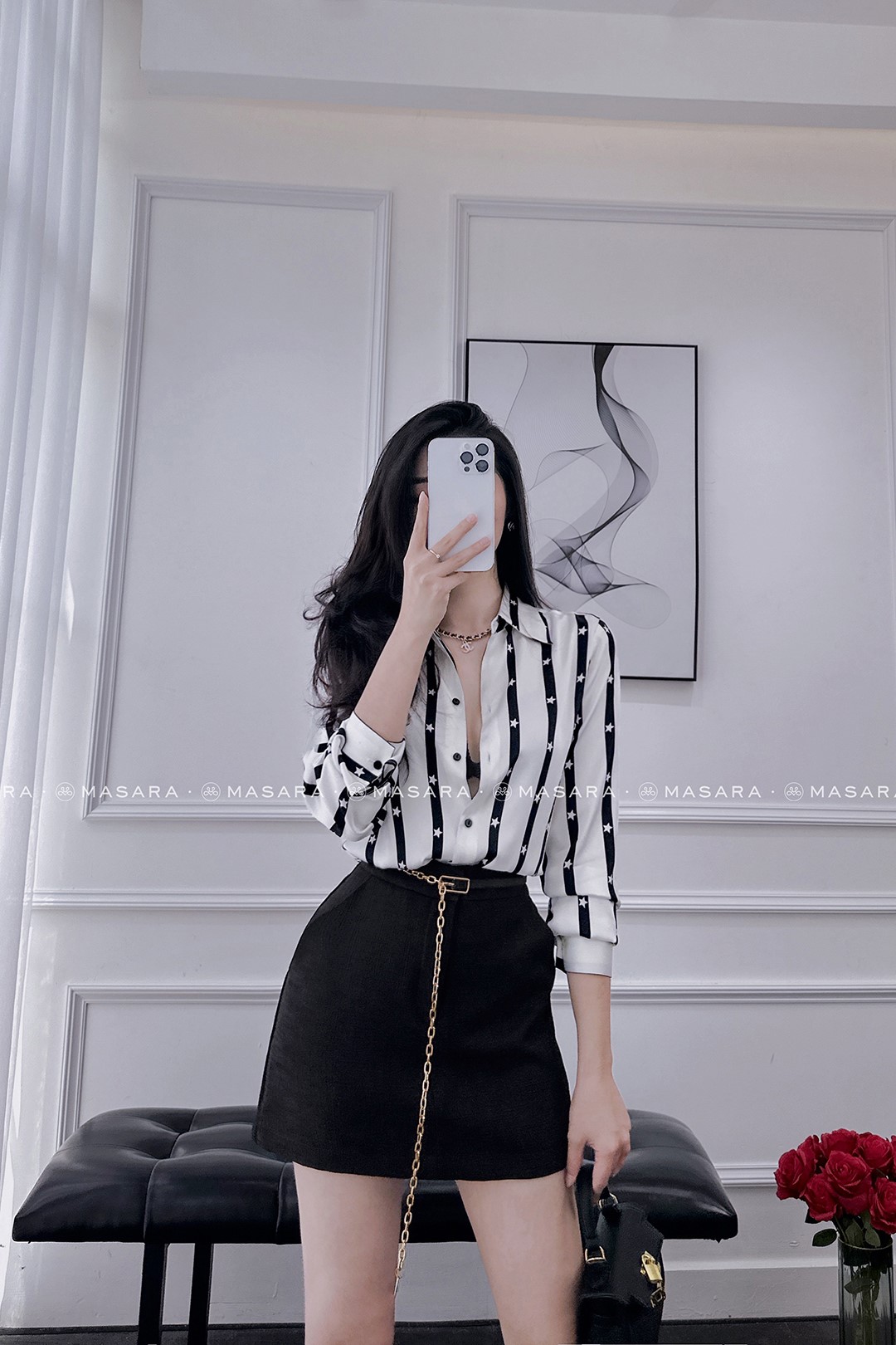 SƠ MI LỤA KẺ NGÔI SAO TRẮNG