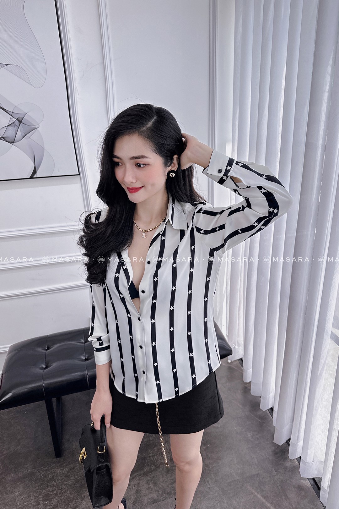 SƠ MI LỤA KẺ NGÔI SAO TRẮNG