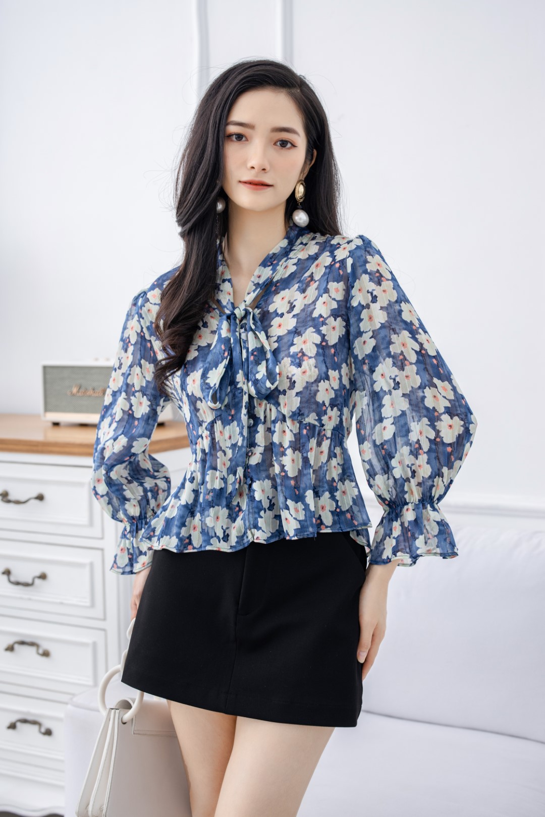 ÁO NƠ CỔ HOA XANH