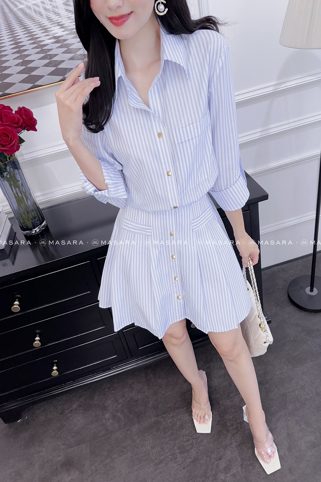 ĐẦM SƠ MI BO EO KẺ XANH NHẠT