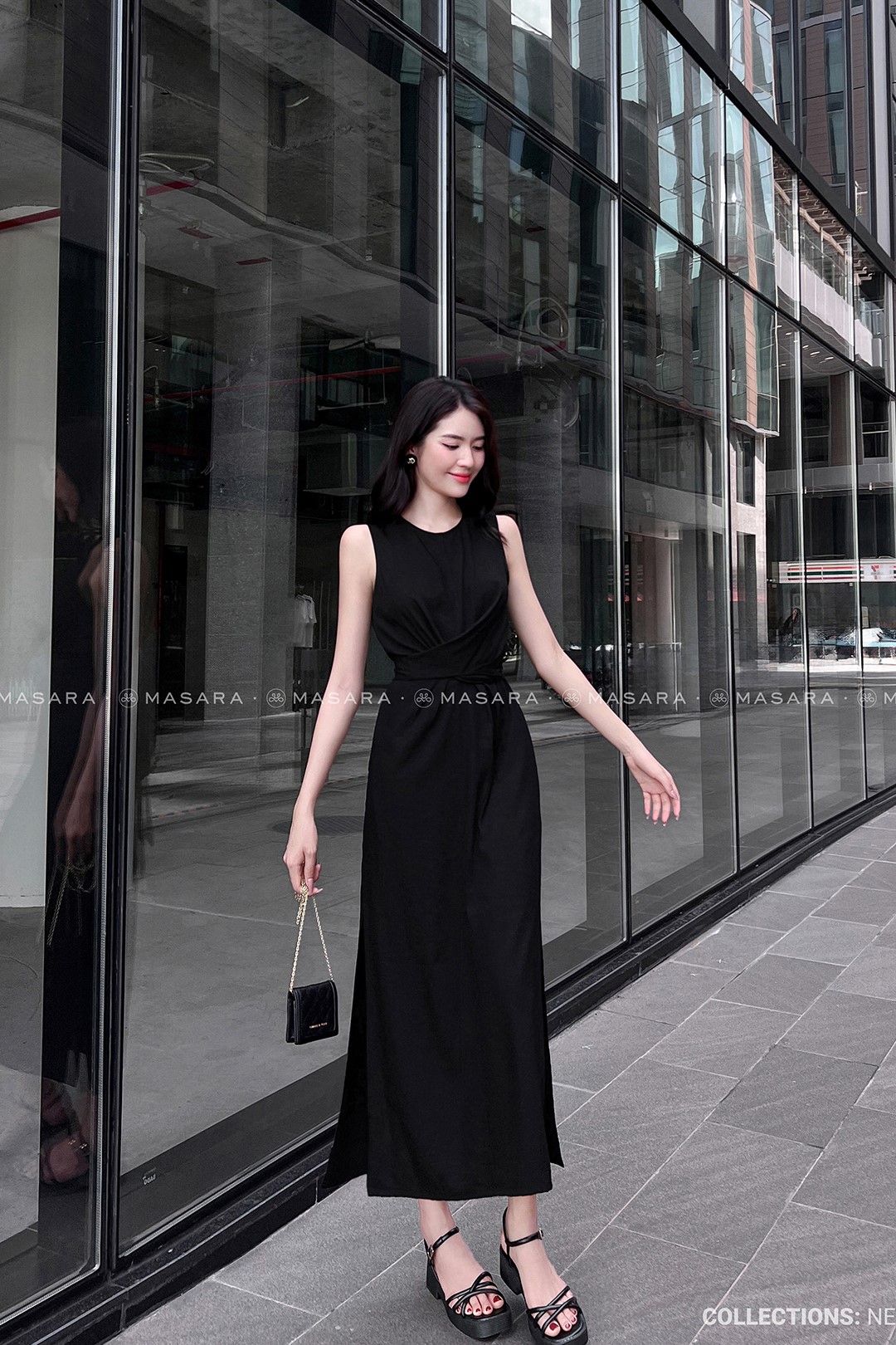 ĐẦM TẰM XƯỚC MỀM THẮT NƠ EO MÀU ĐEN