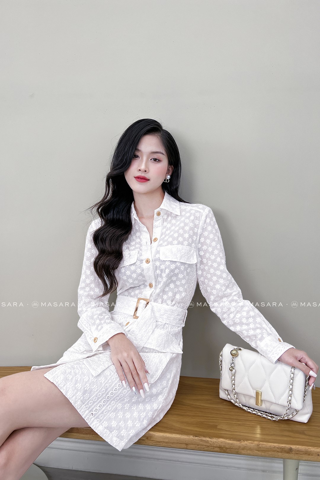 ĐẦM SƠ MI THÔ THÊU HOA CÚC TRẮNG + THẮT LƯNG