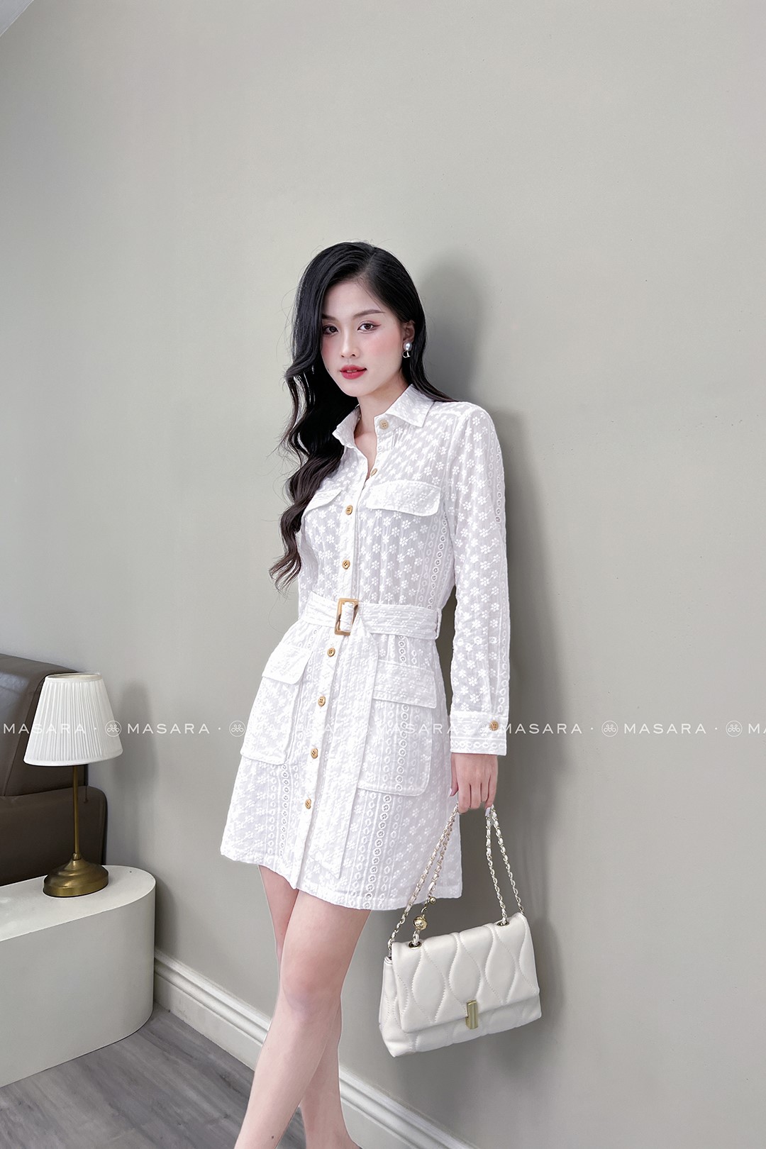 ĐẦM SƠ MI THÔ THÊU HOA CÚC TRẮNG + THẮT LƯNG