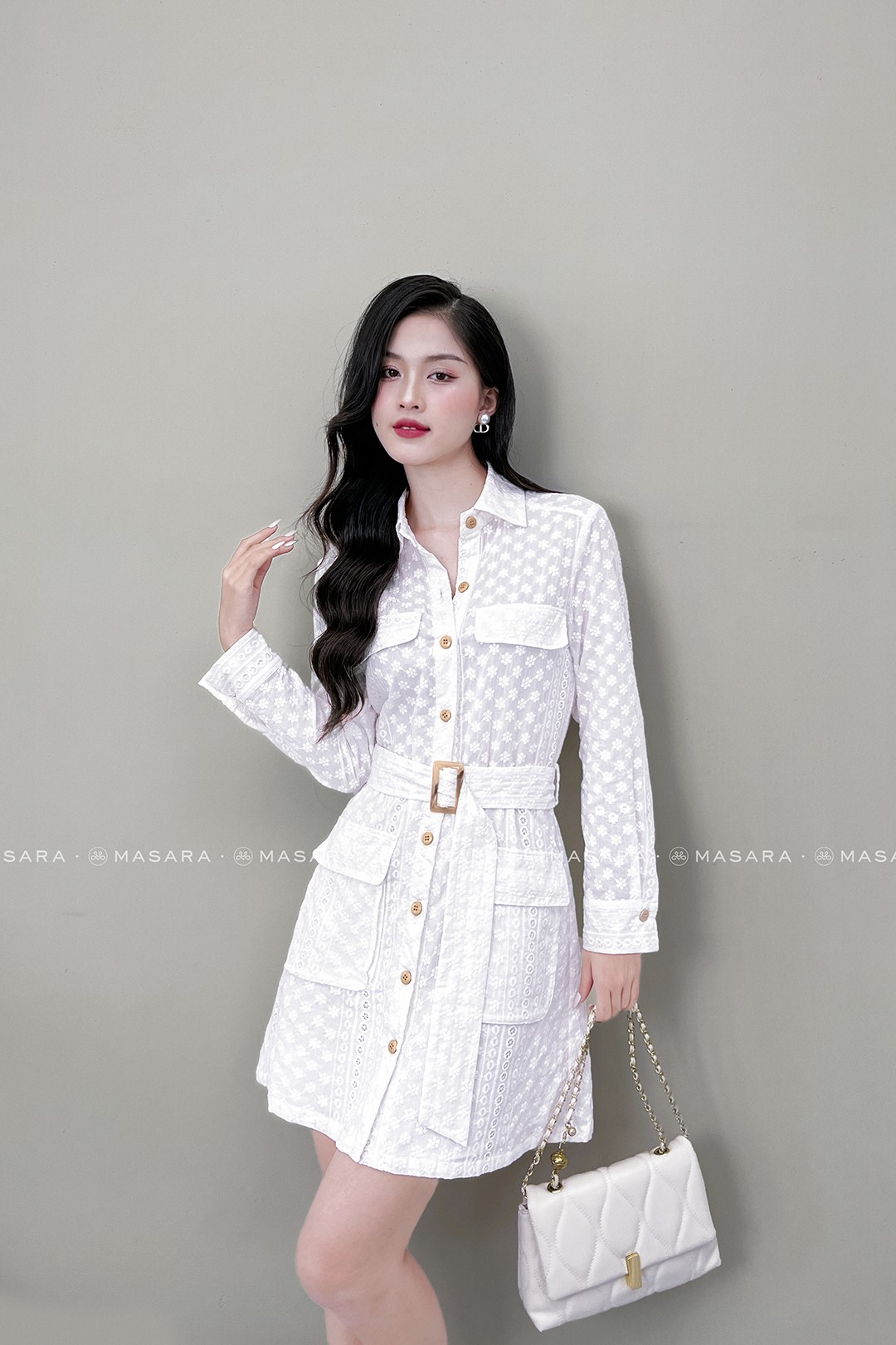 ĐẦM SƠ MI THÔ THÊU HOA CÚC TRẮNG + THẮT LƯNG