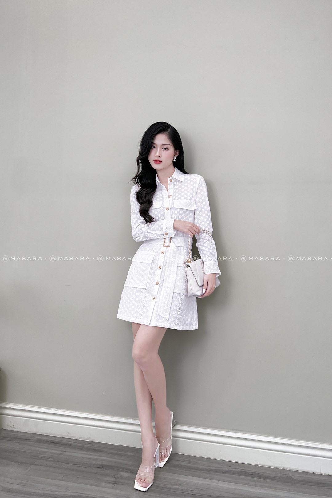 ĐẦM SƠ MI THÔ THÊU HOA CÚC TRẮNG + THẮT LƯNG