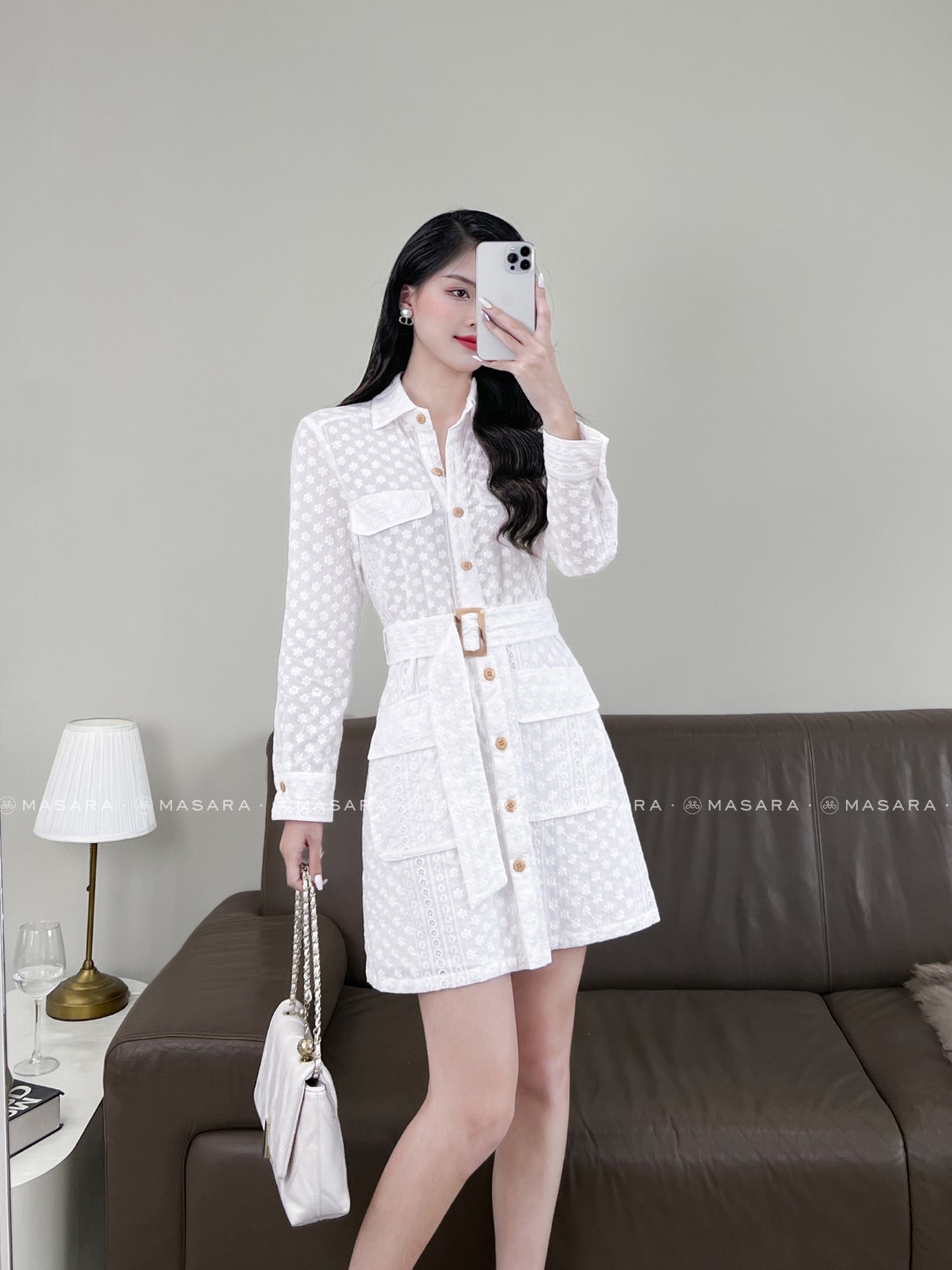 ĐẦM SƠ MI THÔ THÊU HOA CÚC TRẮNG + THẮT LƯNG