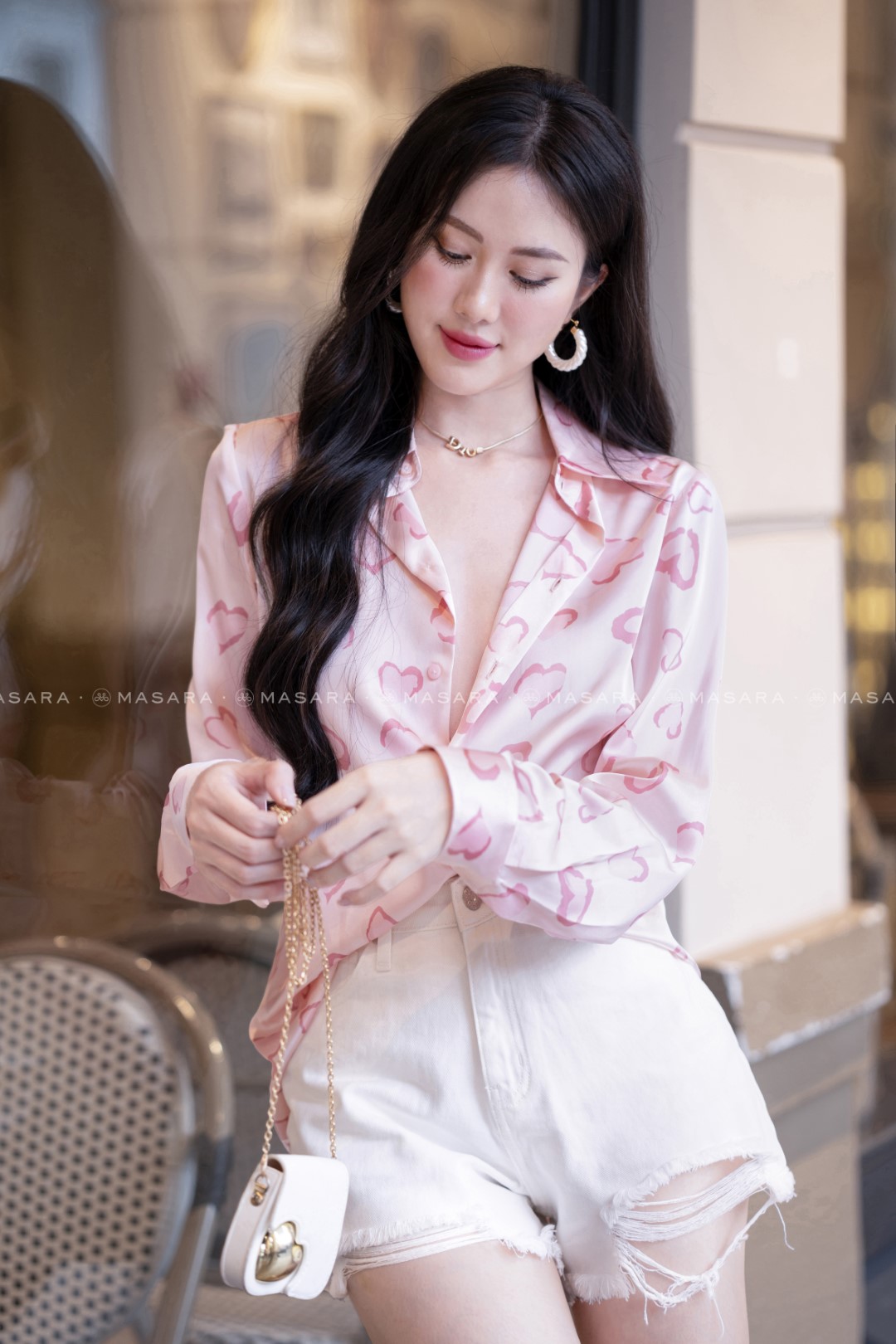 SƠ MI LỤA TRÁI TIM MÀU HỒNG