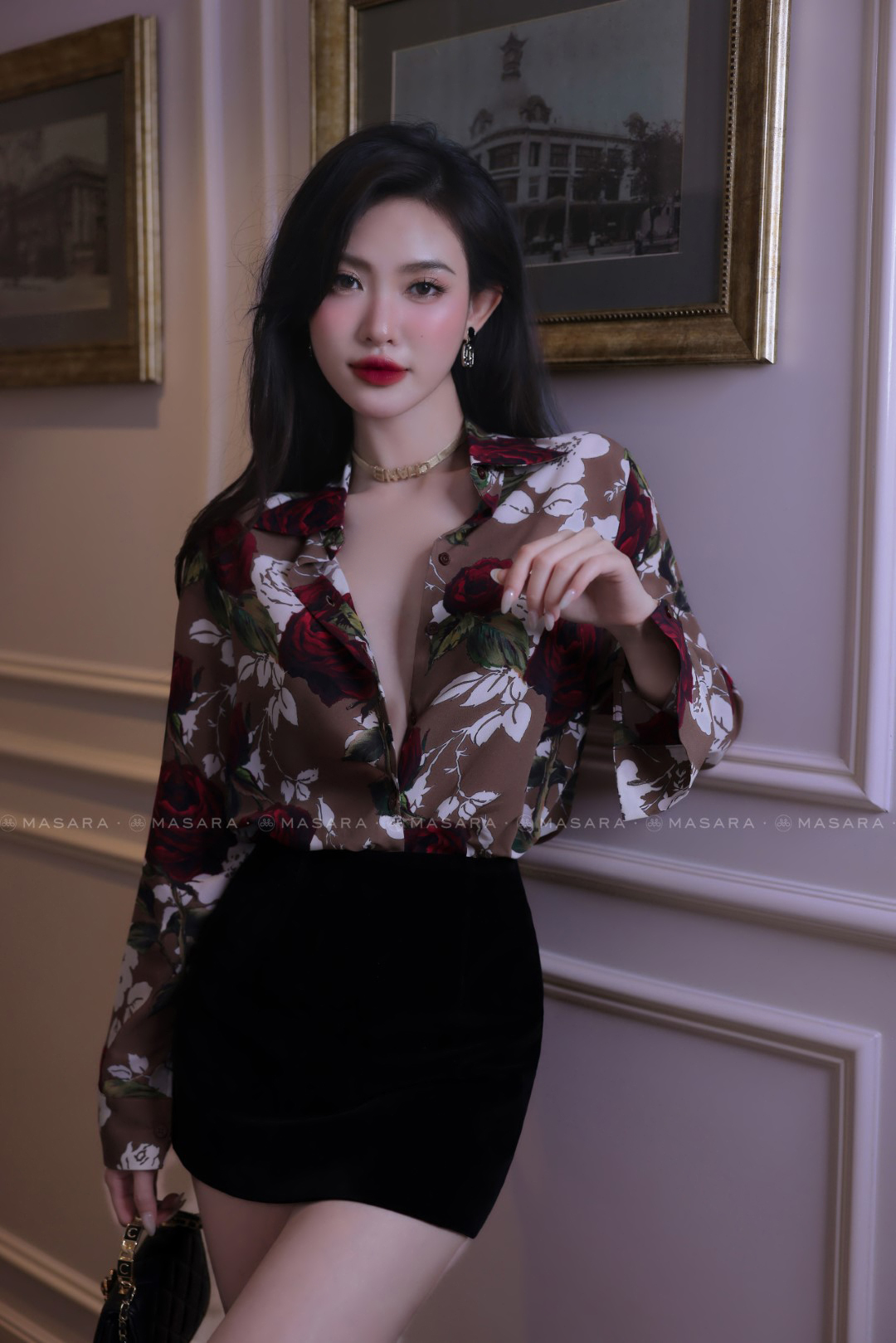 ÁO SƠ MI HOA HỒNG NÂU