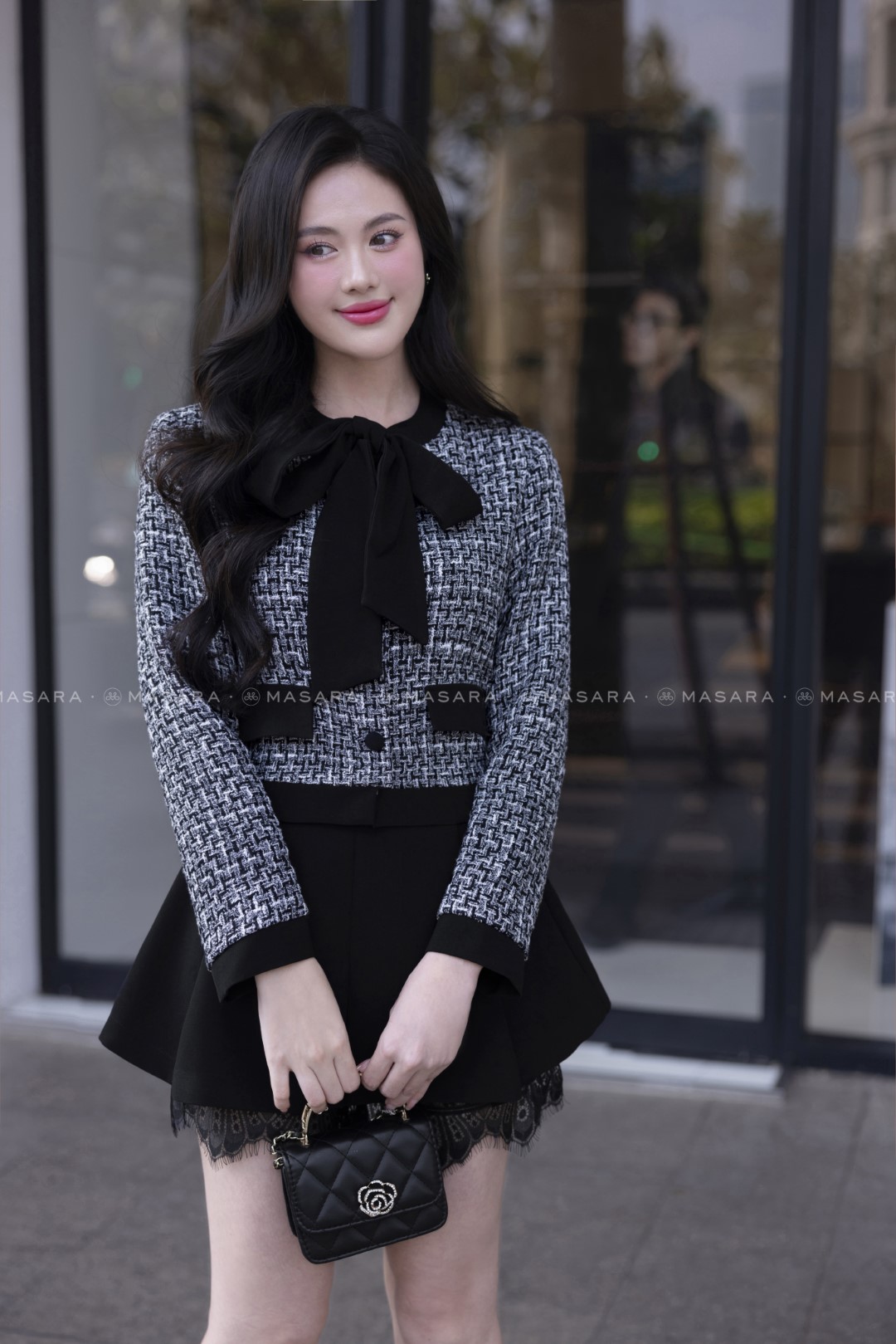 ÁO VEST DẠ TWEED PHỐI NƠ ĐEN