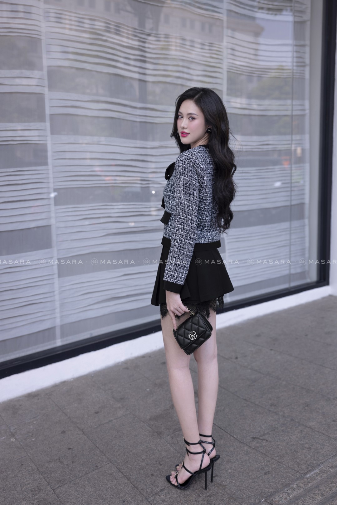 ÁO VEST DẠ TWEED PHỐI NƠ ĐEN