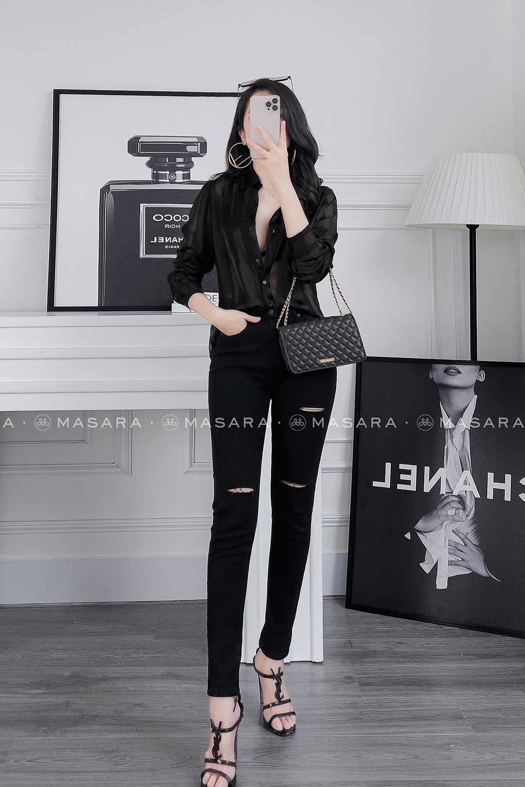 SƠ MI LỤA VOAN SỌC ĐEN
