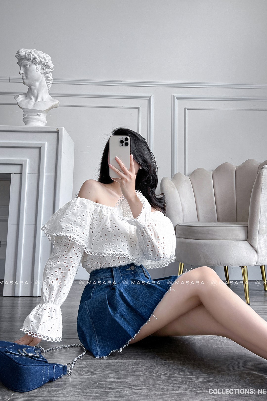 CHÂN VÁY JEAN XẾP LY MÀU XANH