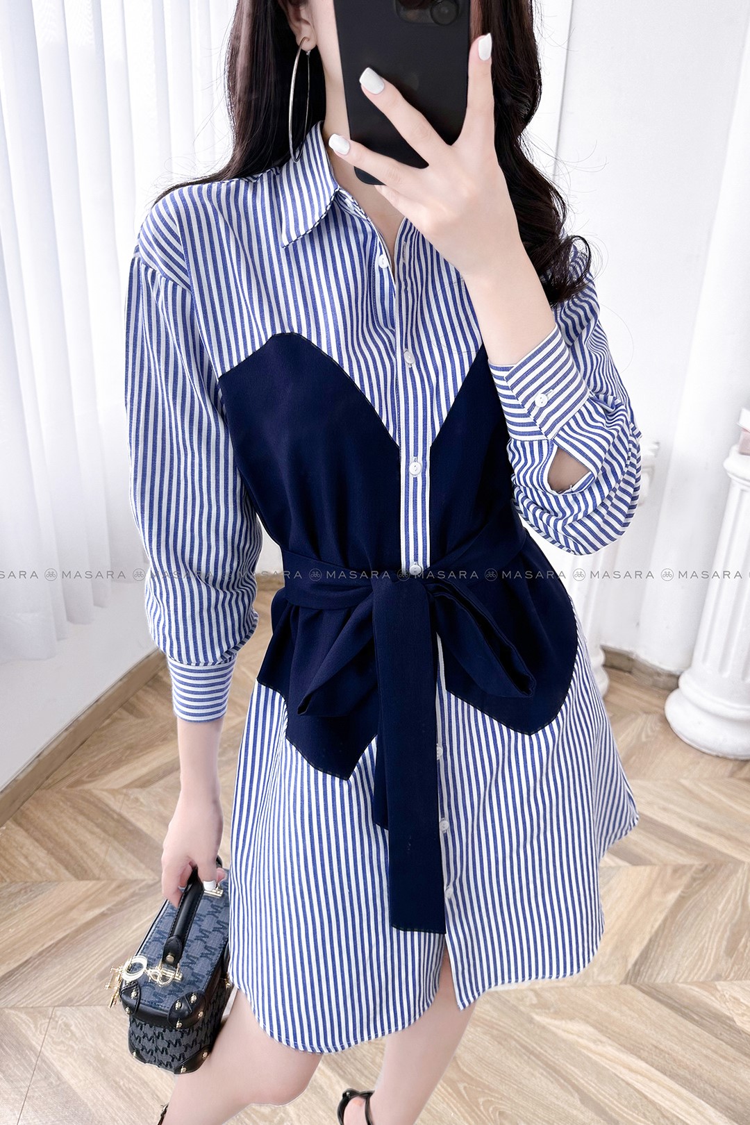 ĐẦM KẺ XANH PHỐI EO THẮT NƠ