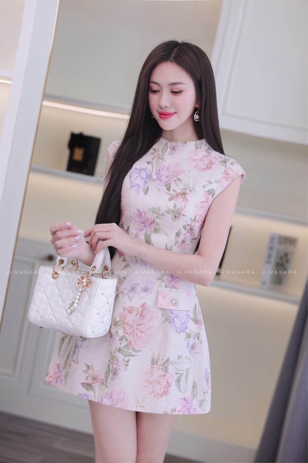 ĐẦM TEXT HOA HỒNG CỔ LỌ NGẮN