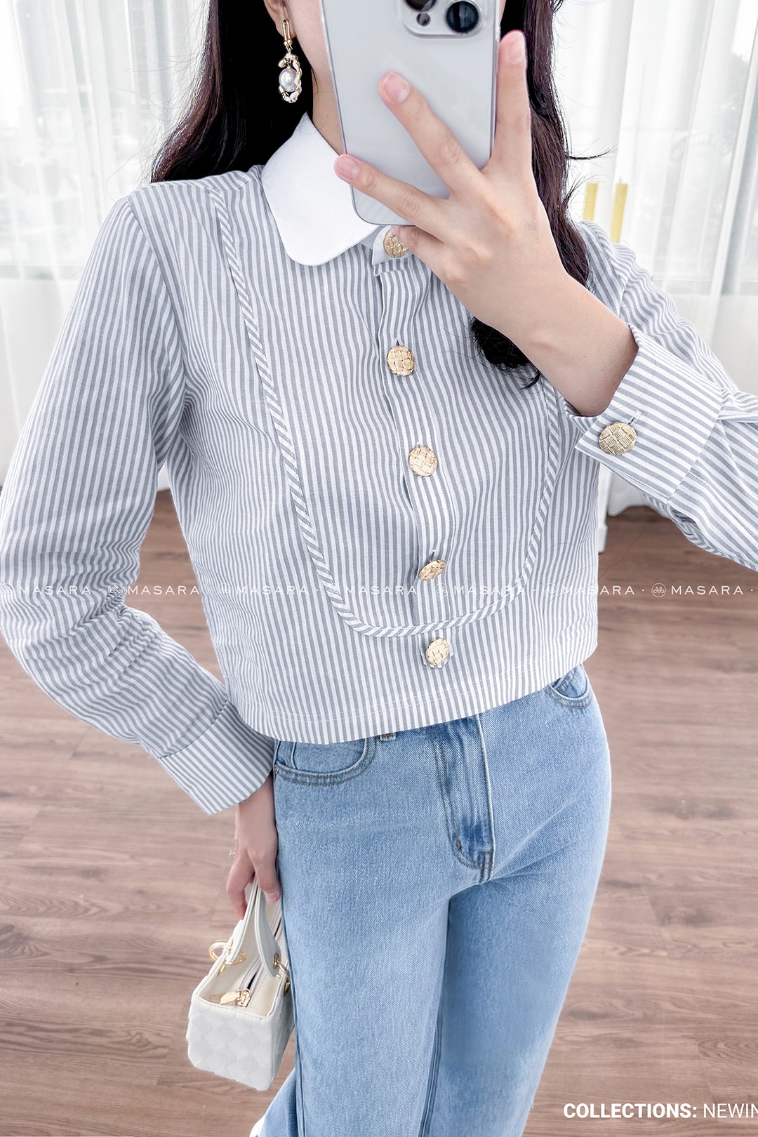 ÁO KẺ NHÍ XÁM GHI PHỐI CỔ TRẮNG