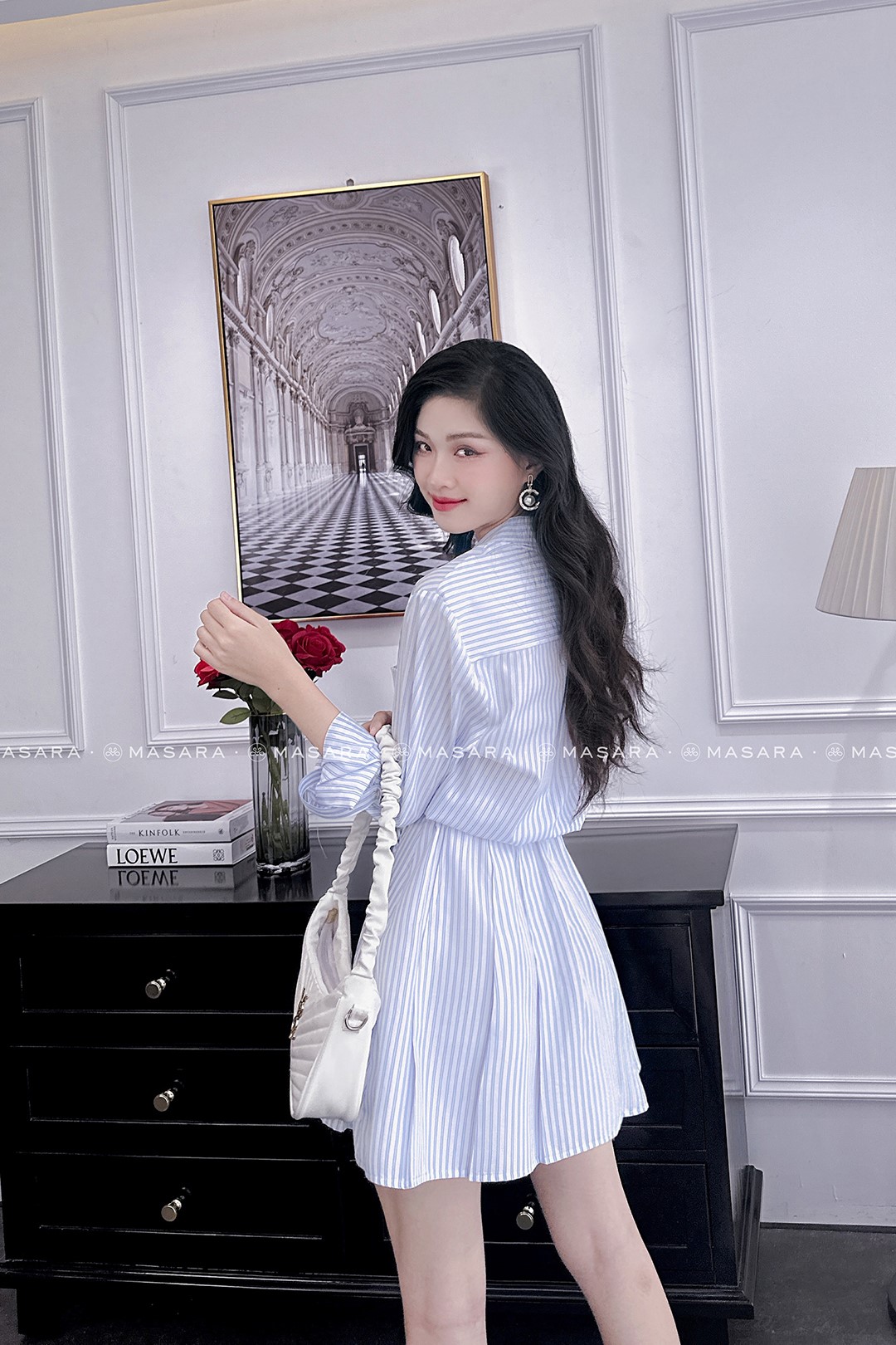 ĐẦM SƠ MI BO EO KẺ XANH NHẠT